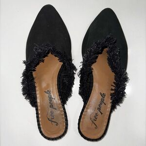 FREE PEOPLE Port Black Suede Slip On Pointed Toe Mules Fringe Trim